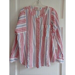 LOFT red white blue stripe button-up blouse M gauzy patriotic nautical beach top